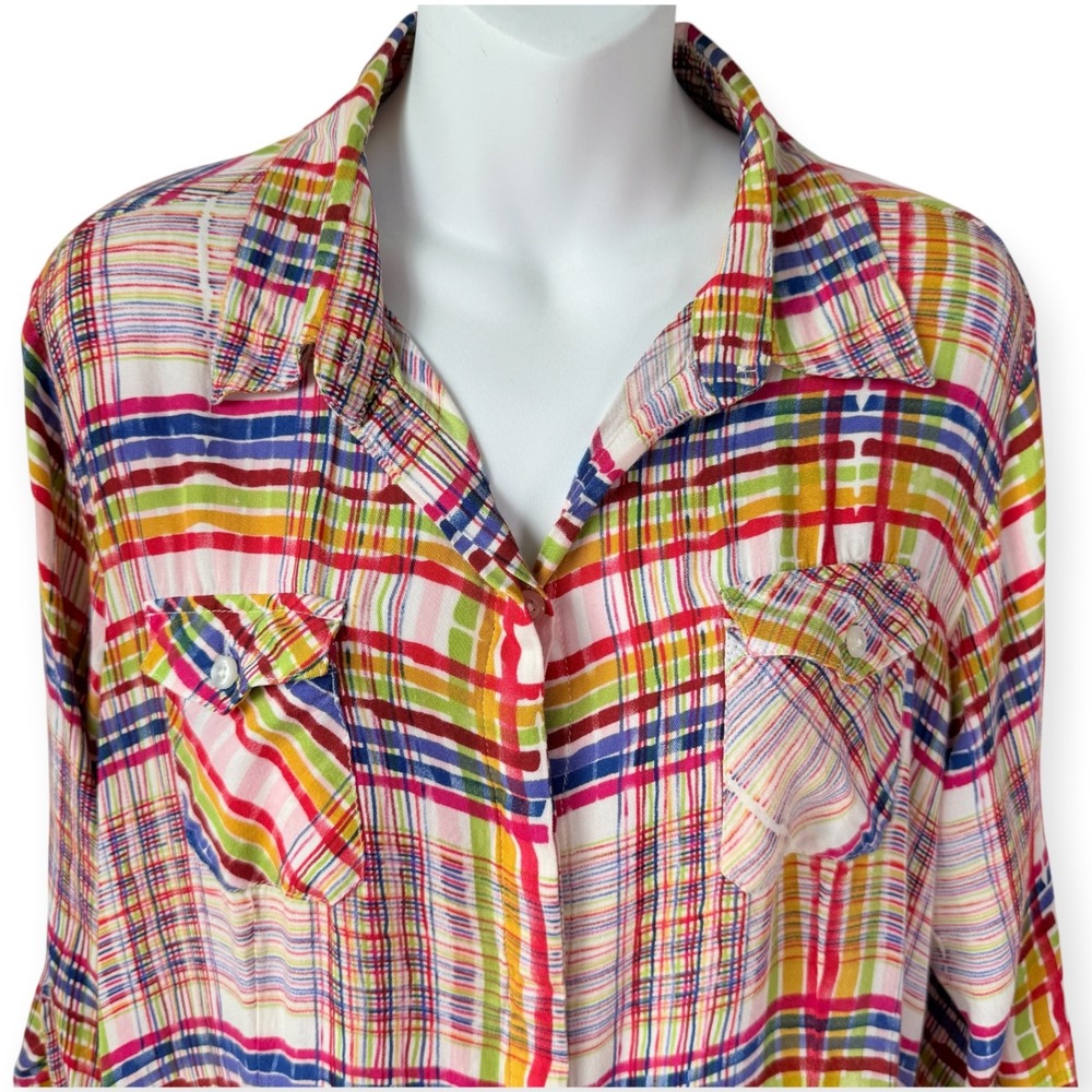 Cabi Button Down Plaid Shirt Women XL Multi-Color Roll Tab Sleeve Tunic Artsy